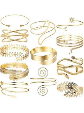 Boho 12 Pcs Arm Cuff Bracelets Set for Women - Leather Feather Upper Arm Bands